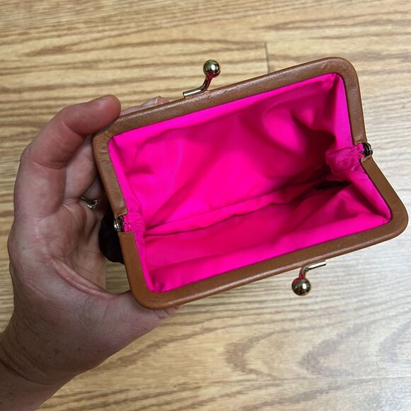 Dooney & Bourke Brown Nylon Leather Framed Kisslock Coin Purse with hot pink in - Picture 5 of 5